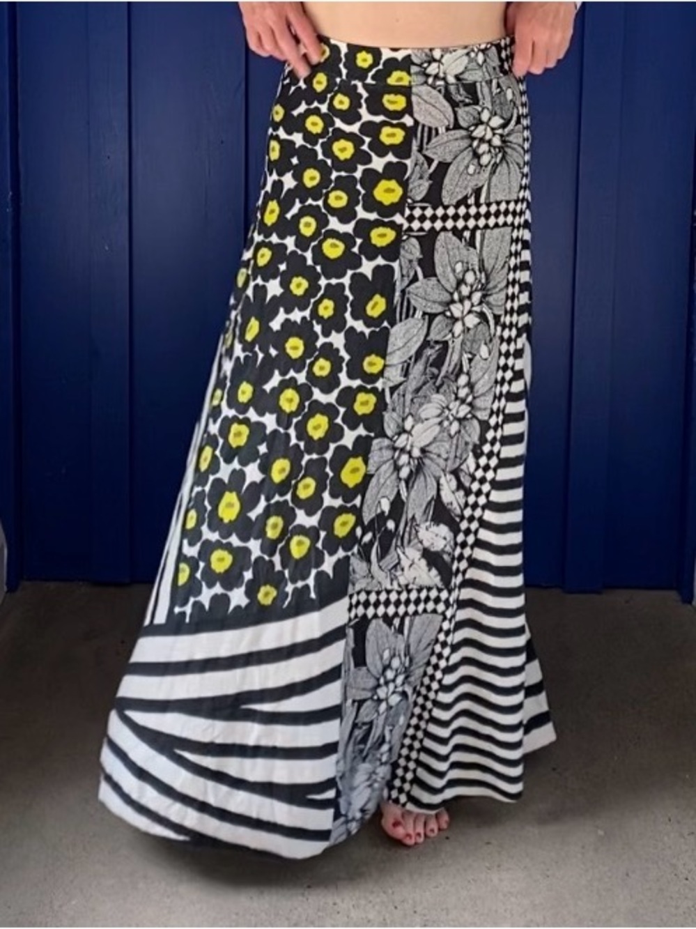 ‘in bed with you’ Black & Yellow Patchwork Maxi Skirt - Floral & Stripe